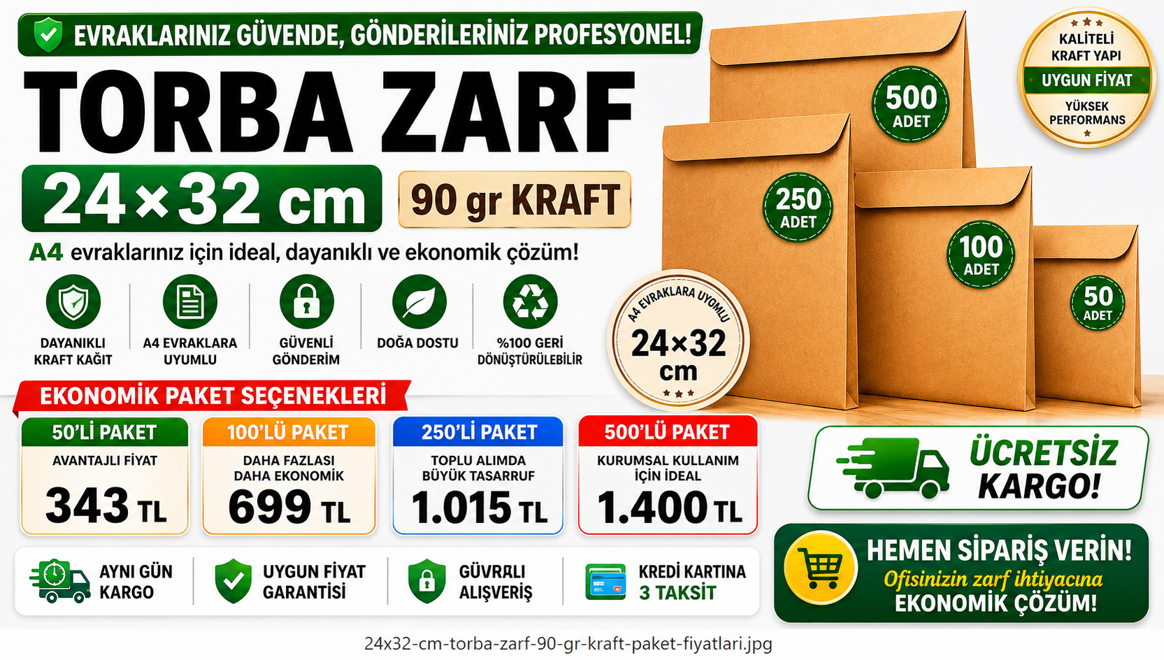 24x32 cm 90 gr Kraft Torba Zarf Paket Fiyatları ve Ücretsiz Kargo Kampanyası