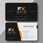 FX Ofis Çalışma Alanı için modern siyah turuncu renklerde tasarlanmış çift taraflı kurumsal kartvizit örneği