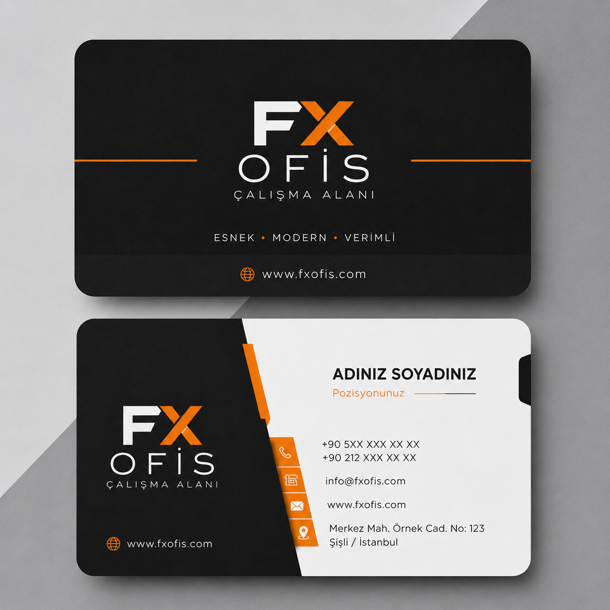 FX Ofis Çalışma Alanı için modern siyah turuncu renklerde tasarlanmış çift taraflı kurumsal kartvizit örneği